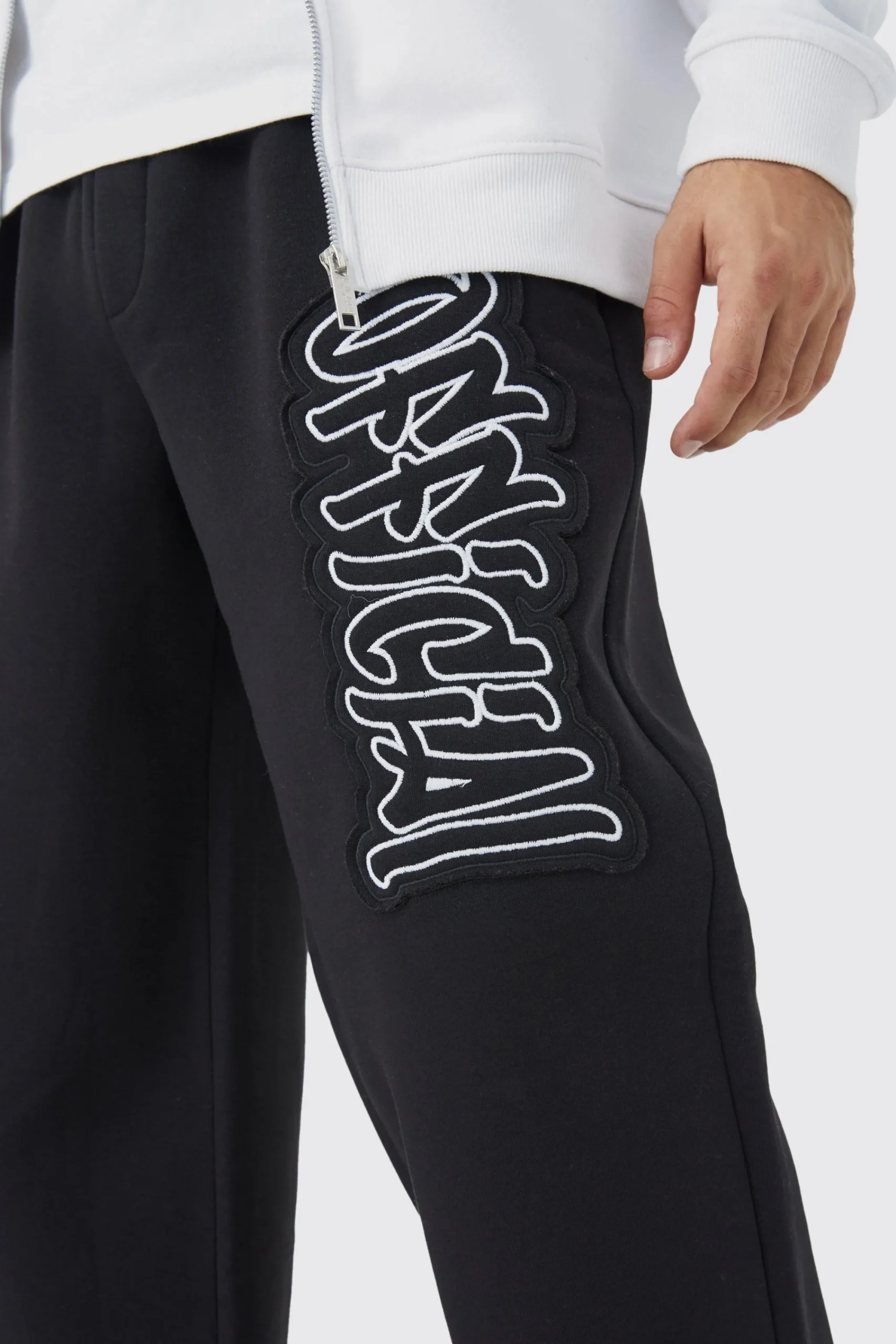 boohooMAN Official Applique Wide Fit Jogger | UK| Trousers|Joggers