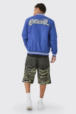 boohooMAN Official Badge Nylon Varsity Bomber Jacket In | UK| Coats & Jackets