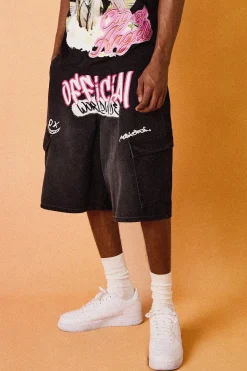 boohooMAN Official Graphic Cargo Pocket Denim Parachute Jorts In | UK| Shorts