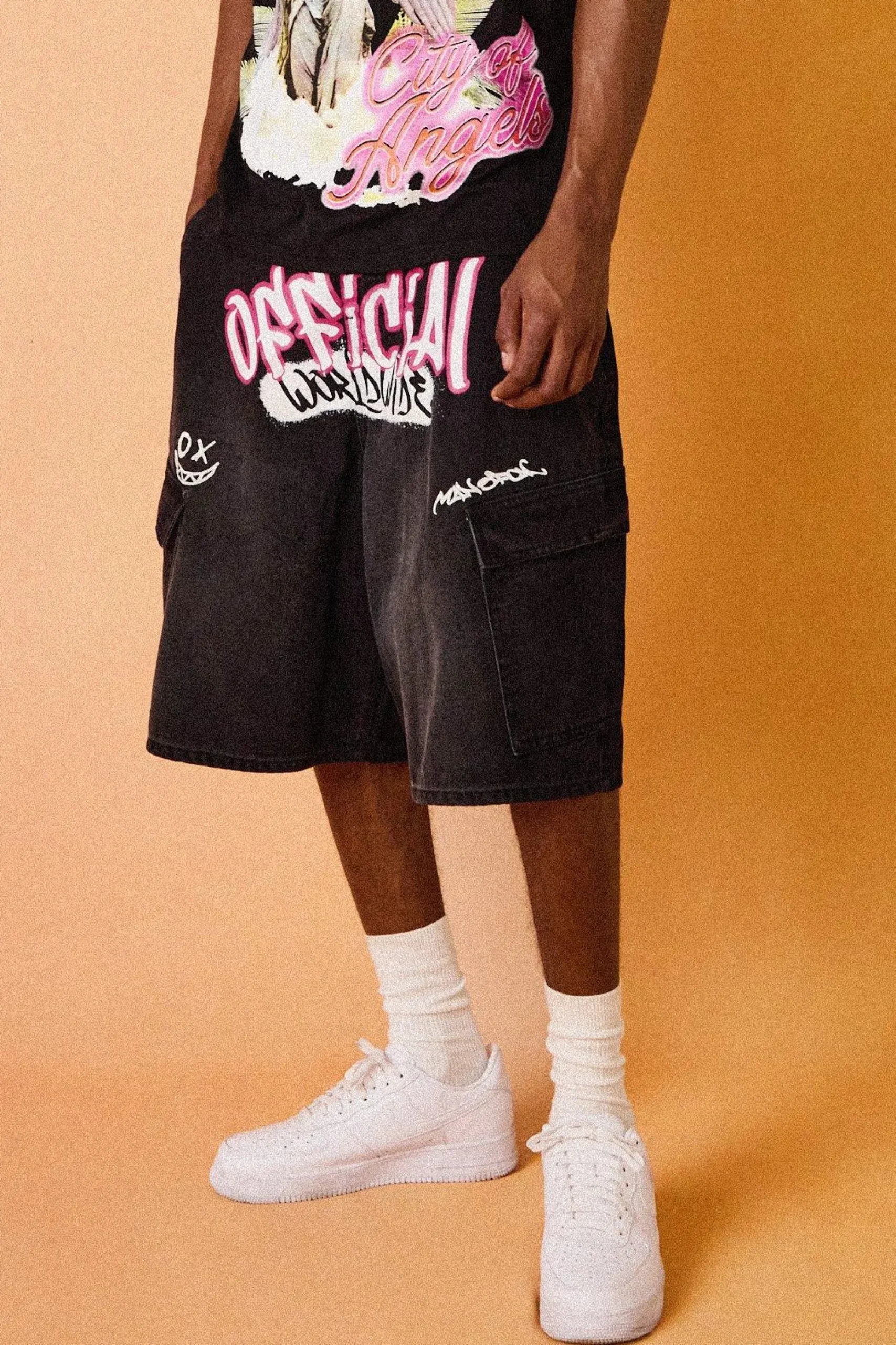 boohooMAN Official Graphic Cargo Pocket Denim Parachute Jorts In | UK| Shorts