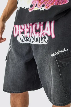 boohooMAN Official Graphic Cargo Pocket Denim Parachute Jorts In | UK| Shorts