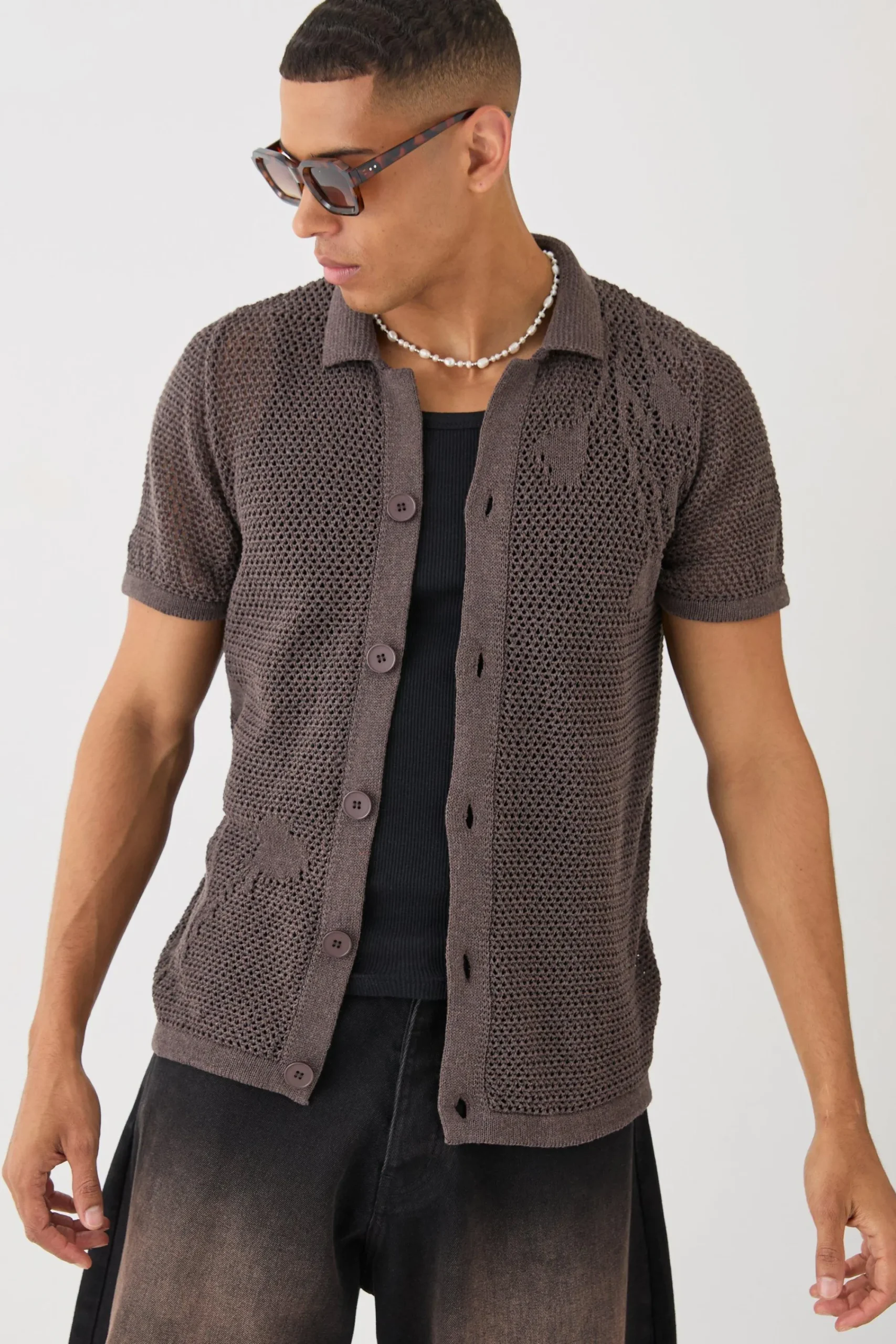 boohooMAN Open Stitch Tonal Floral Intarsia Short Sleeve Knit Shirt | UK| Shirts