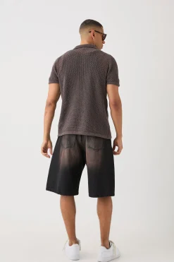boohooMAN Open Stitch Tonal Floral Intarsia Short Sleeve Knit Shirt | UK| Shirts