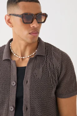 boohooMAN Open Stitch Tonal Floral Intarsia Short Sleeve Knit Shirt | UK| Shirts