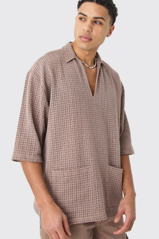 boohooMAN Open Weave Overhead V Neck Shirt | UK| Shirts