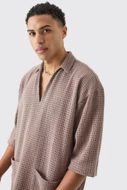boohooMAN Open Weave Overhead V Neck Shirt | UK| Shirts
