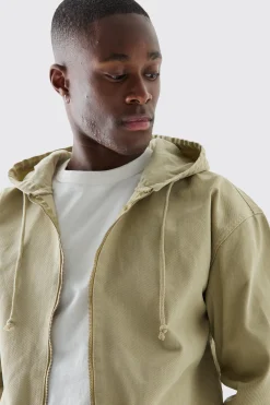 boohooMAN Overdyed Denim Boxy Fit Zip Through Hoodie | UK| Coats & Jackets