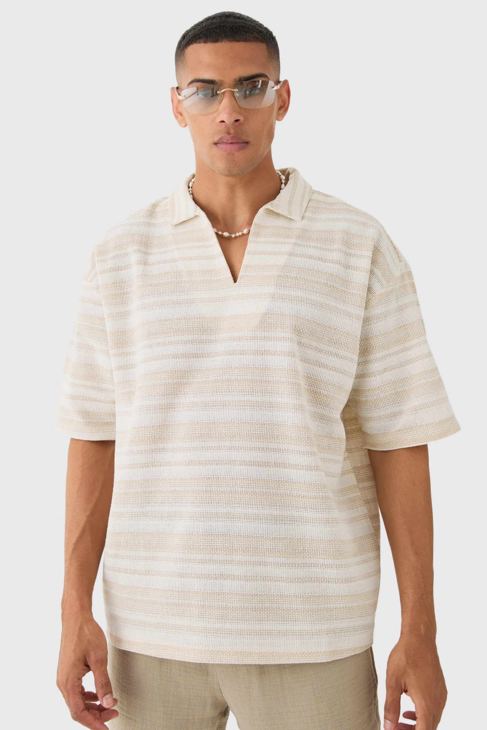 boohooMAN Overhead V Neck Woven Stripe Shirt | UK| Shirts