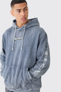 boohooMAN Oversized Acid Wash Embroidered Wing Graphic Hoodie | UK| Hoodies & Sweatshirts