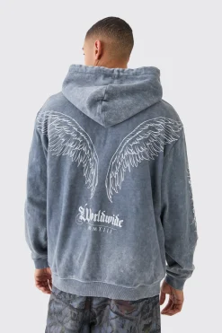 boohooMAN Oversized Acid Wash Embroidered Wing Graphic Hoodie | UK| Hoodies & Sweatshirts