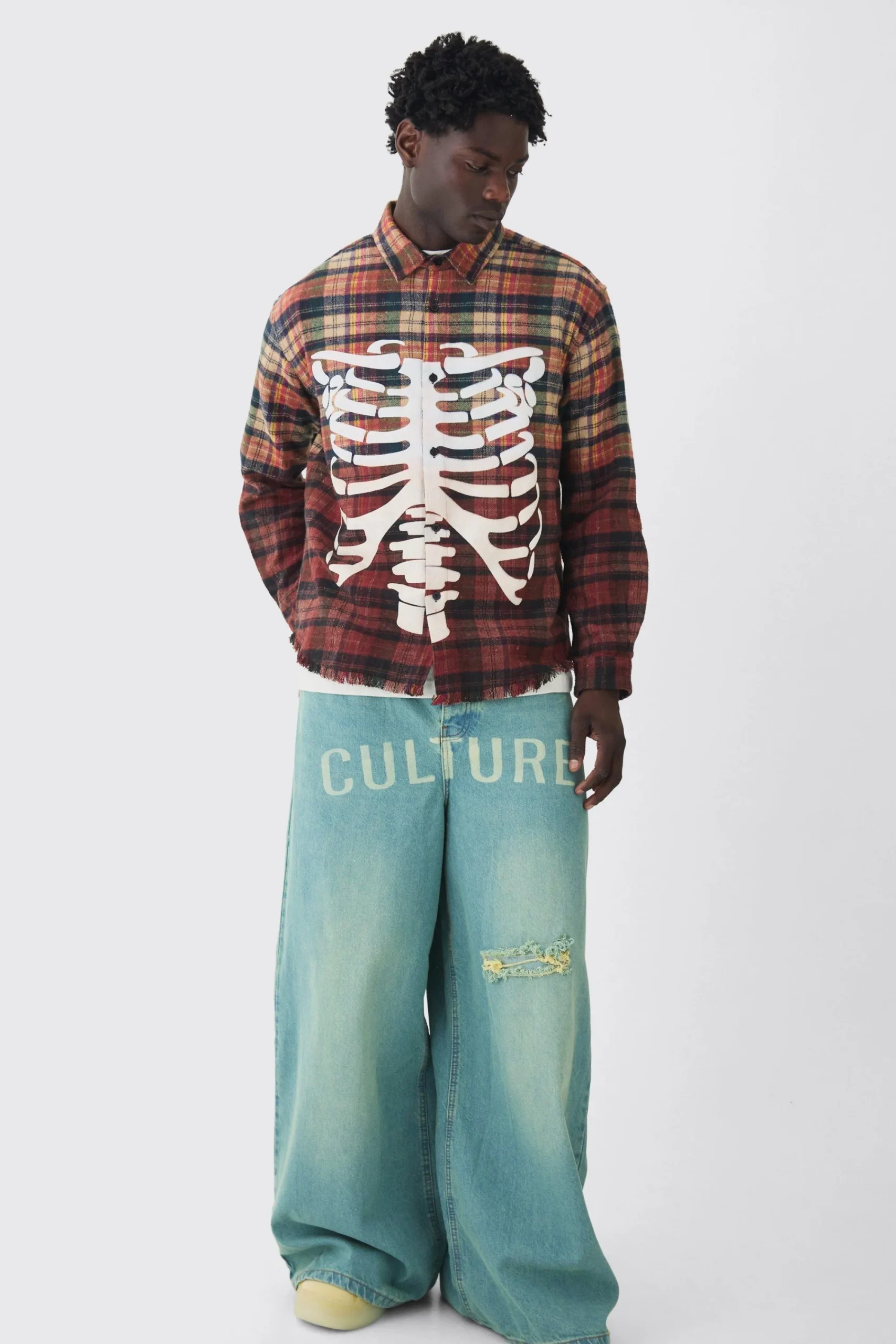 boohooMAN Oversized Acid Wash Ribcage Print Check Shirt | UK| Shirts