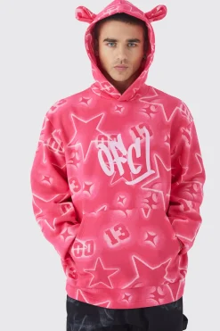boohooMAN Oversized All Over Graffiti Ear Hoodie | UK| Hoodies & Sweatshirts