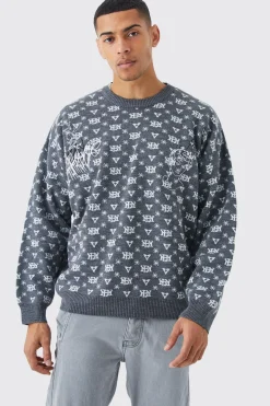 boohooMAN Oversized All Over Print Knit Jumper | UK| Knitwear