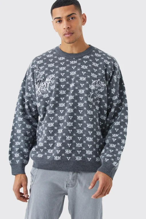 boohooMAN Oversized All Over Print Knit Jumper | UK| Knitwear
