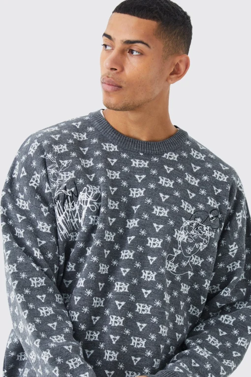 boohooMAN Oversized All Over Print Knit Jumper | UK| Knitwear