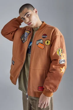 boohooMAN Oversized Badge Nylon Sleeve Bomber | UK| Coats & Jackets