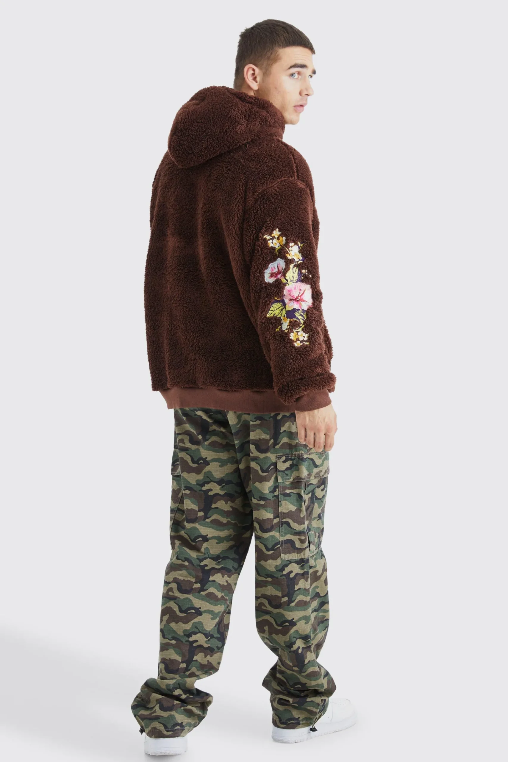 boohooMAN Oversized Borg Hoodie With Floral Embroidery | UK| Hoodies & Sweatshirts