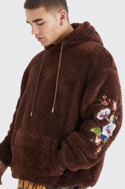 boohooMAN Oversized Borg Hoodie With Floral Embroidery | UK| Hoodies & Sweatshirts