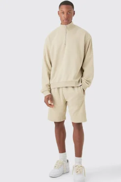 boohooMAN Oversized Boxy 1/4 Zip Sweatshirt Loopback Short Tracksuit | UK| Tracksuits