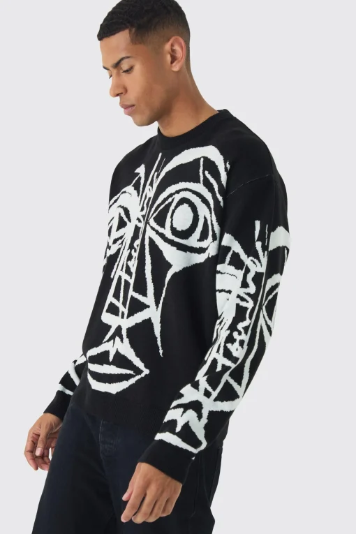 boohooMAN Oversized Boxy Abstract Line Face Knitted Jumper | UK| Knitwear