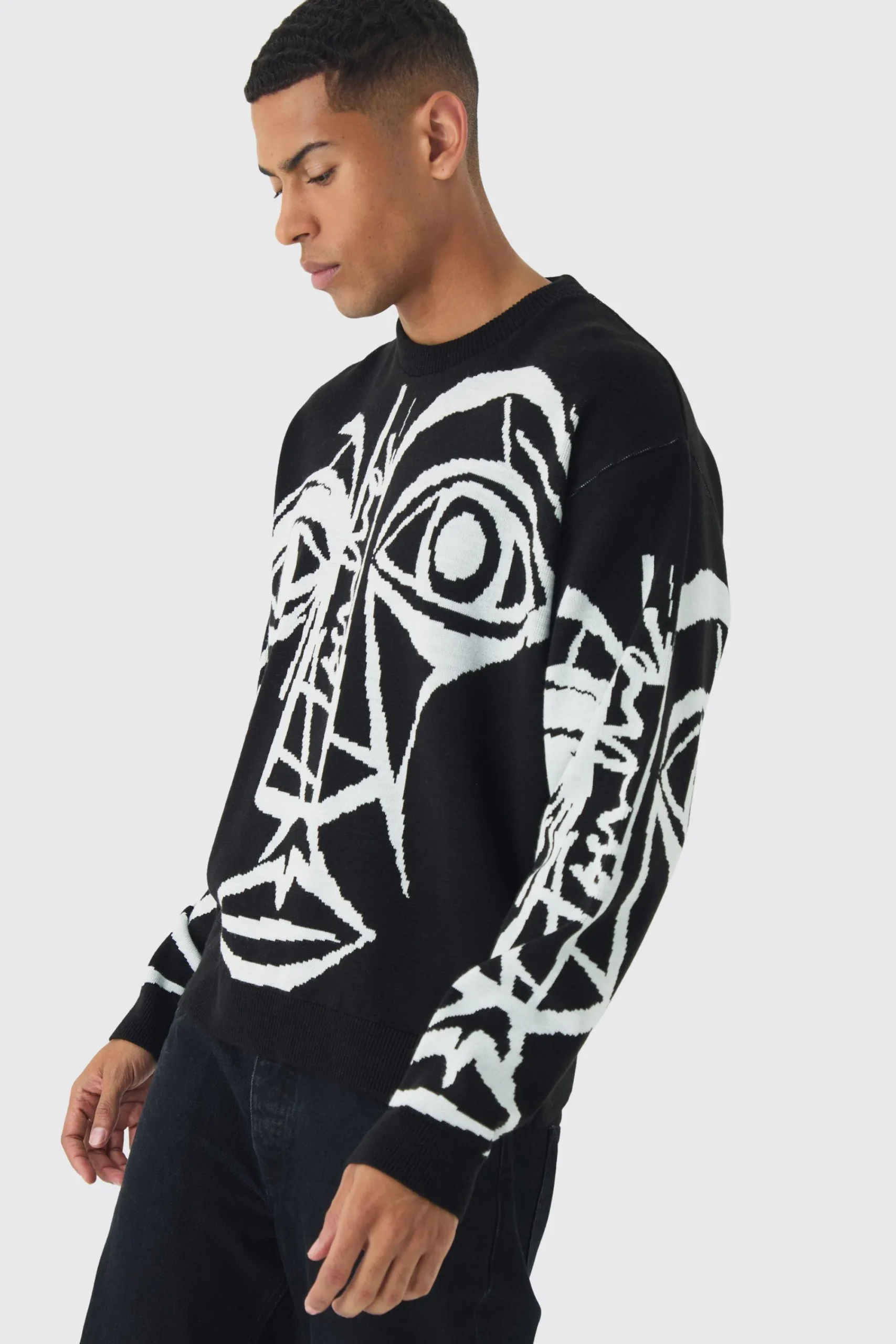 boohooMAN Oversized Boxy Abstract Line Face Knitted Jumper | UK| Knitwear