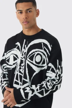 boohooMAN Oversized Boxy Abstract Line Face Knitted Jumper | UK| Knitwear