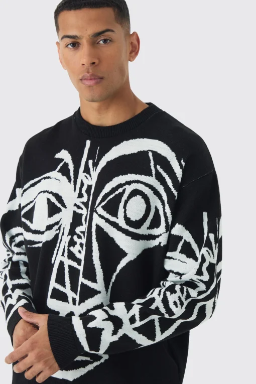 boohooMAN Oversized Boxy Abstract Line Face Knitted Jumper | UK| Knitwear