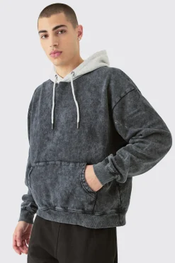boohooMAN Oversized Boxy Acid Wash Hoodie With Contrast Hood | UK| Hoodies & Sweatshirts
