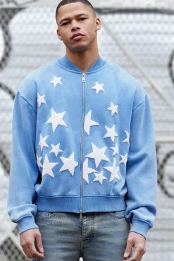 boohooMAN Oversized Boxy Acid Wash Star Applique Jersey Bomber Jacket | UK| Coats & Jackets