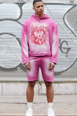 boohooMAN Oversized Boxy Acid Wash Graphic Raw Hem Short Tracksuit | UK| Tracksuits