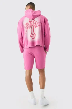 boohooMAN Oversized Boxy Acid Wash Graphic Raw Hem Short Tracksuit | UK| Tracksuits