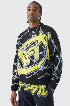 boohooMAN Oversized Boxy Barbwire Print Knitted Jumper | UK| Knitwear