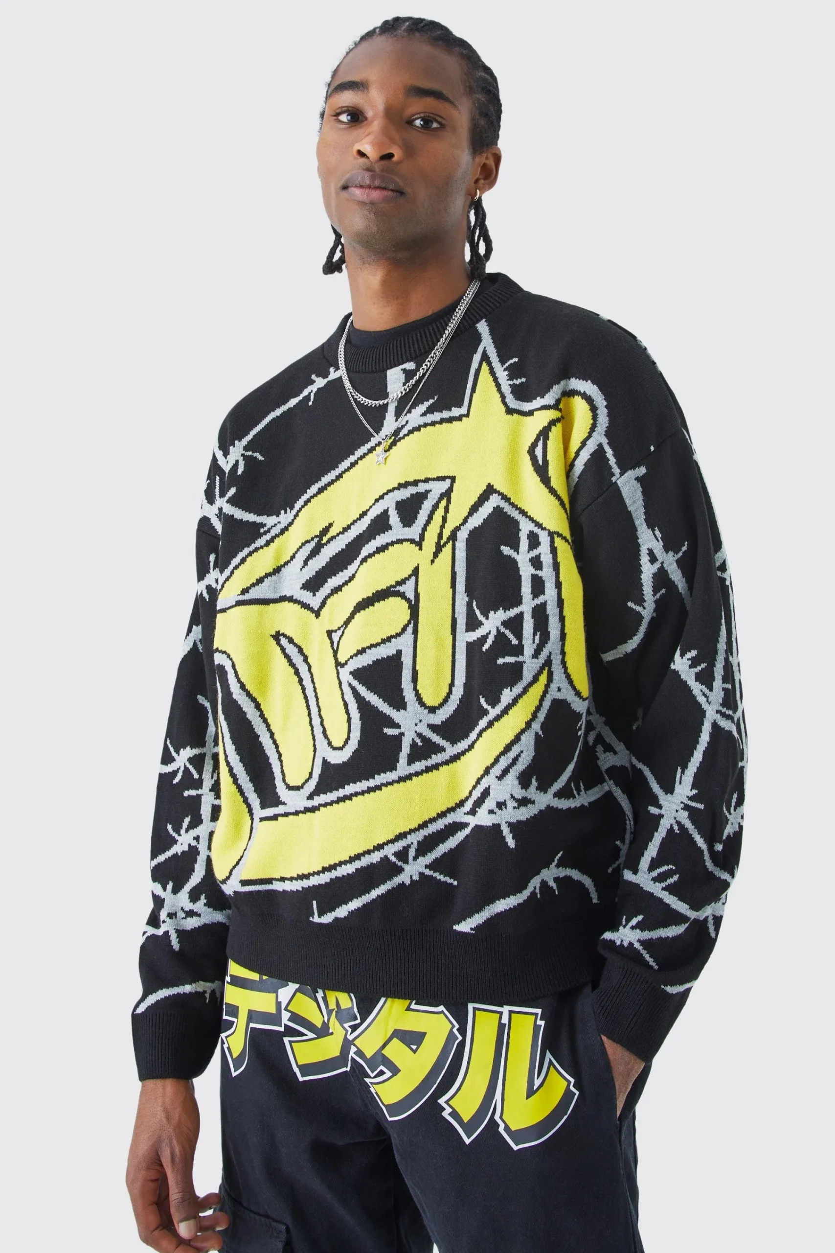 boohooMAN Oversized Boxy Barbwire Print Knitted Jumper | UK| Knitwear