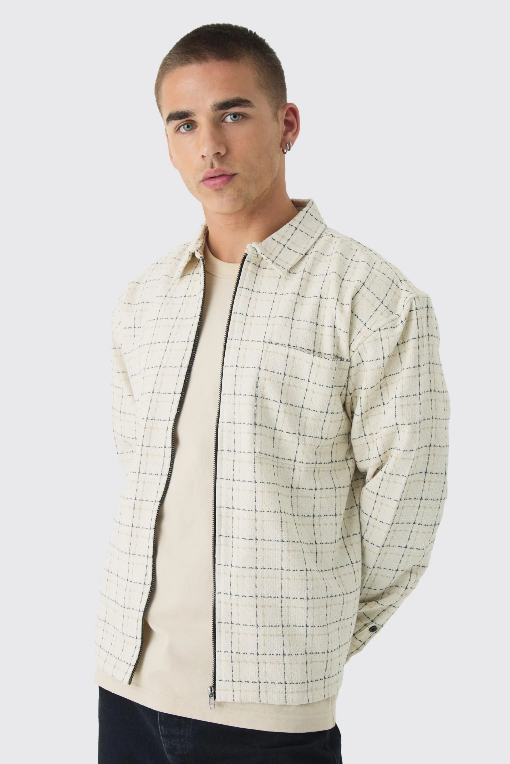 boohooMAN Oversized Boxy Boucle Check Zip Overshirt | UK| Shirts