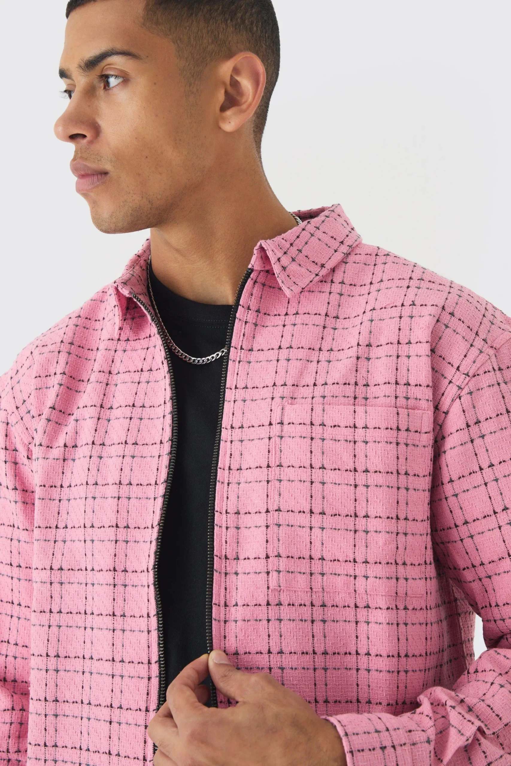 boohooMAN Oversized Boxy Boucle Check Zip Overshirt | UK| Shirts