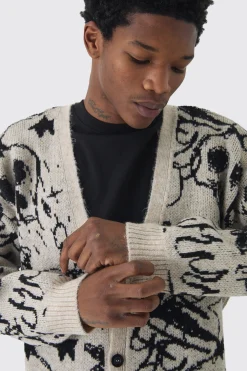 boohooMAN Oversized Boxy Brushed All Over Jacquard Knitted Cardigan | UK| Knitwear
