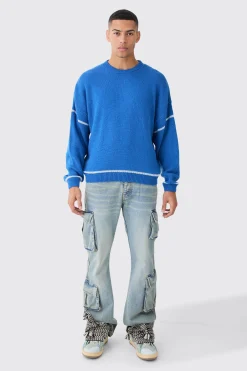 boohooMAN Oversized Boxy Brushed Contrast Stitch Knit Jumper | UK| Knitwear