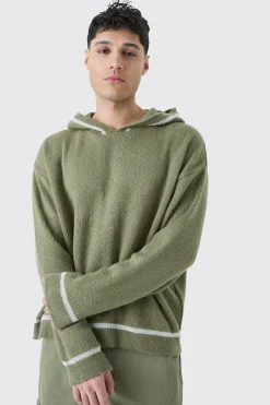 boohooMAN Oversized Boxy Brushed Contrast Stitch Knit Hoodie | UK| Knitwear