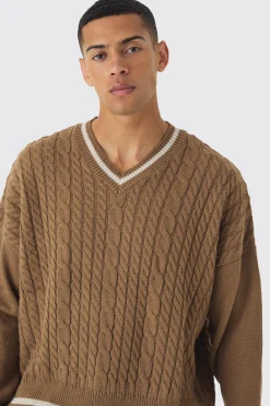 boohooMAN Oversized Boxy Cable Knit V Neck Jumper | UK| Knitwear