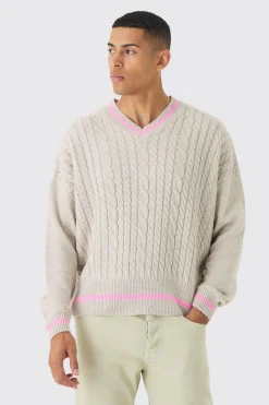 boohooMAN Oversized Boxy Cable Knit V Neck Jumper | UK| Knitwear