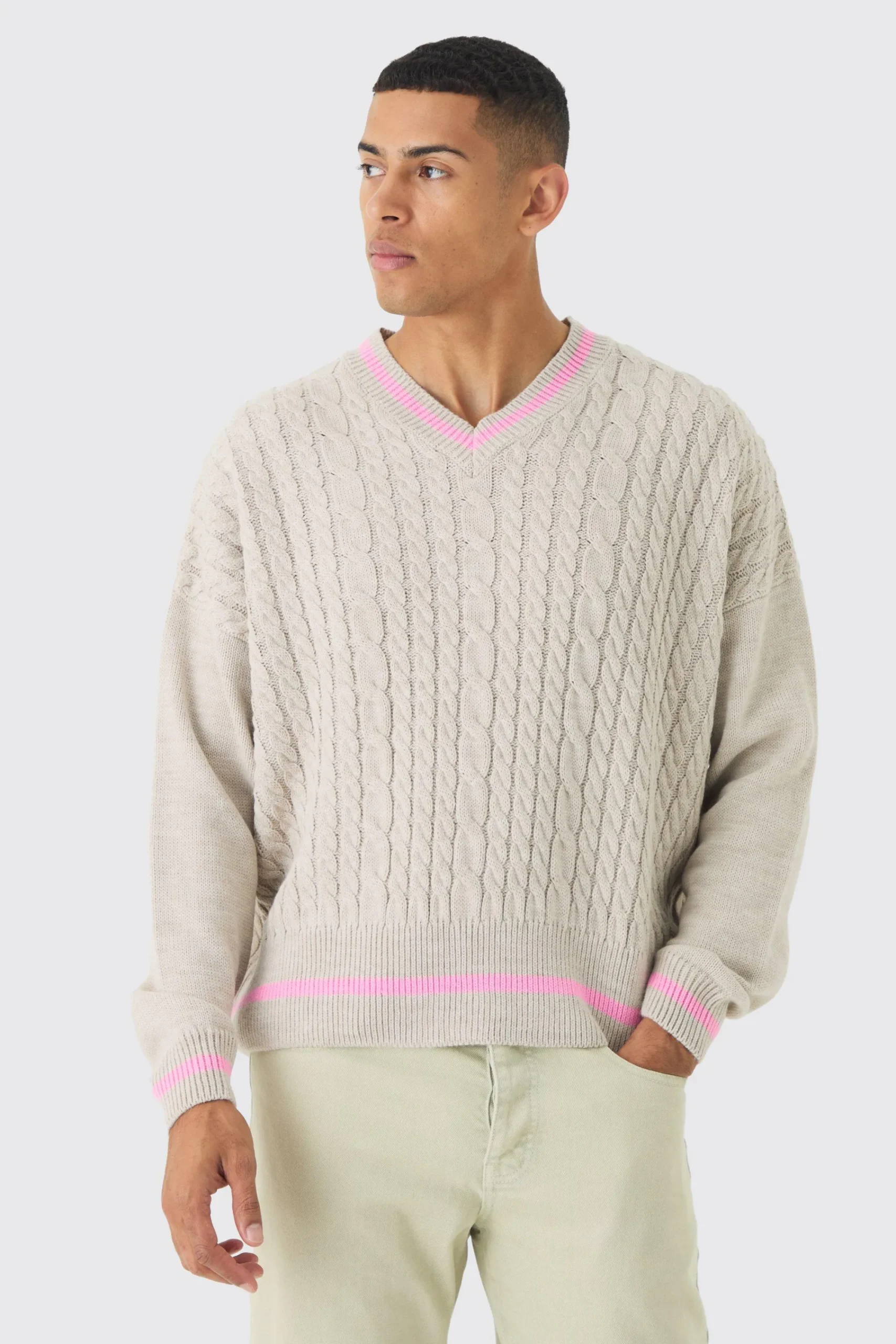 boohooMAN Oversized Boxy Cable Knit V Neck Jumper | UK| Knitwear