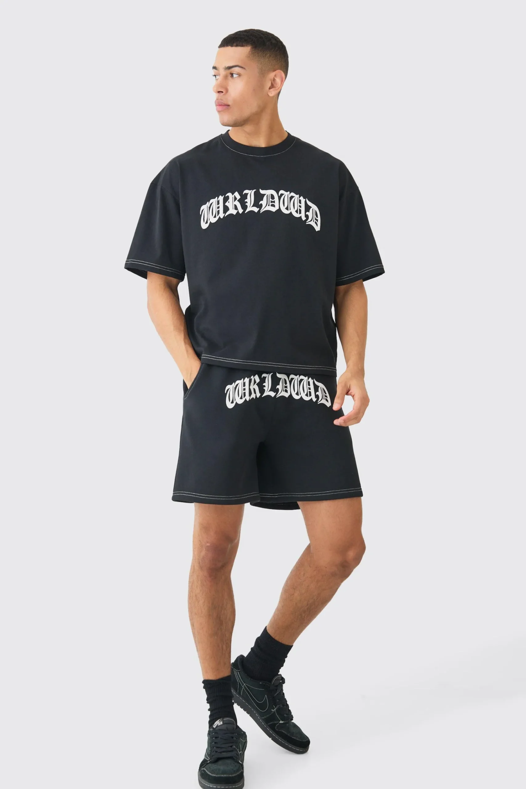 boohooMAN Oversized Boxy Contrast Stitch Puff Print T-shirt & Short Set | UK| Sets & Co-Ords|Tracksuits