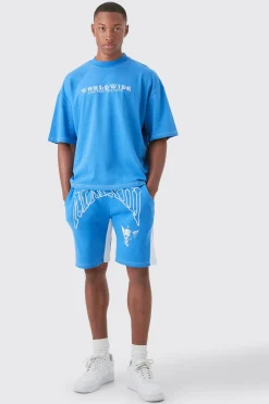 boohooMAN Oversized Boxy Contrast Stitch Embroidered T-shirt & Short Set | UK| Sets & Co-Ords|Tracksuits