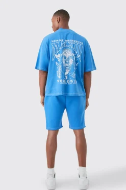 boohooMAN Oversized Boxy Contrast Stitch Embroidered T-shirt & Short Set | UK| Sets & Co-Ords|Tracksuits
