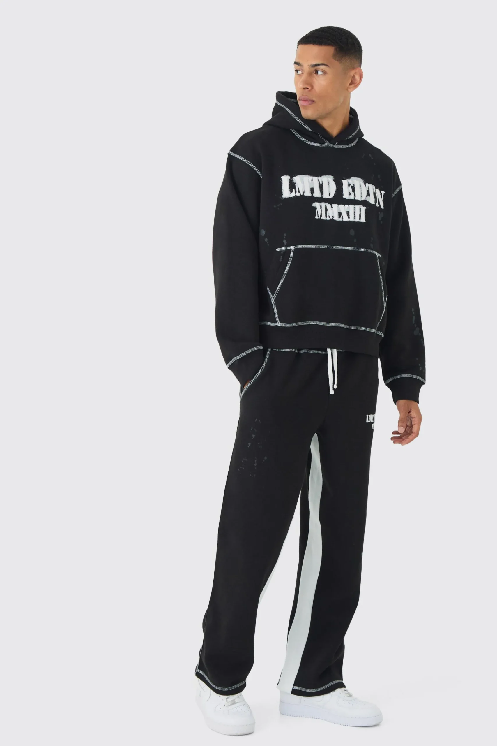 boohooMAN Oversized Boxy Contrast Stitch Paint Splatter Printed Tracksuit | UK| Tracksuits