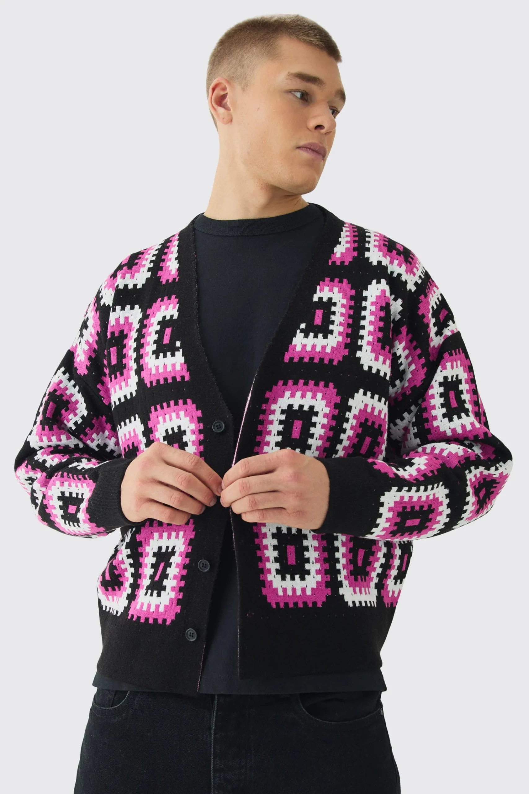 boohooMAN Oversized Boxy Crochet Cardigan | UK| Knitwear