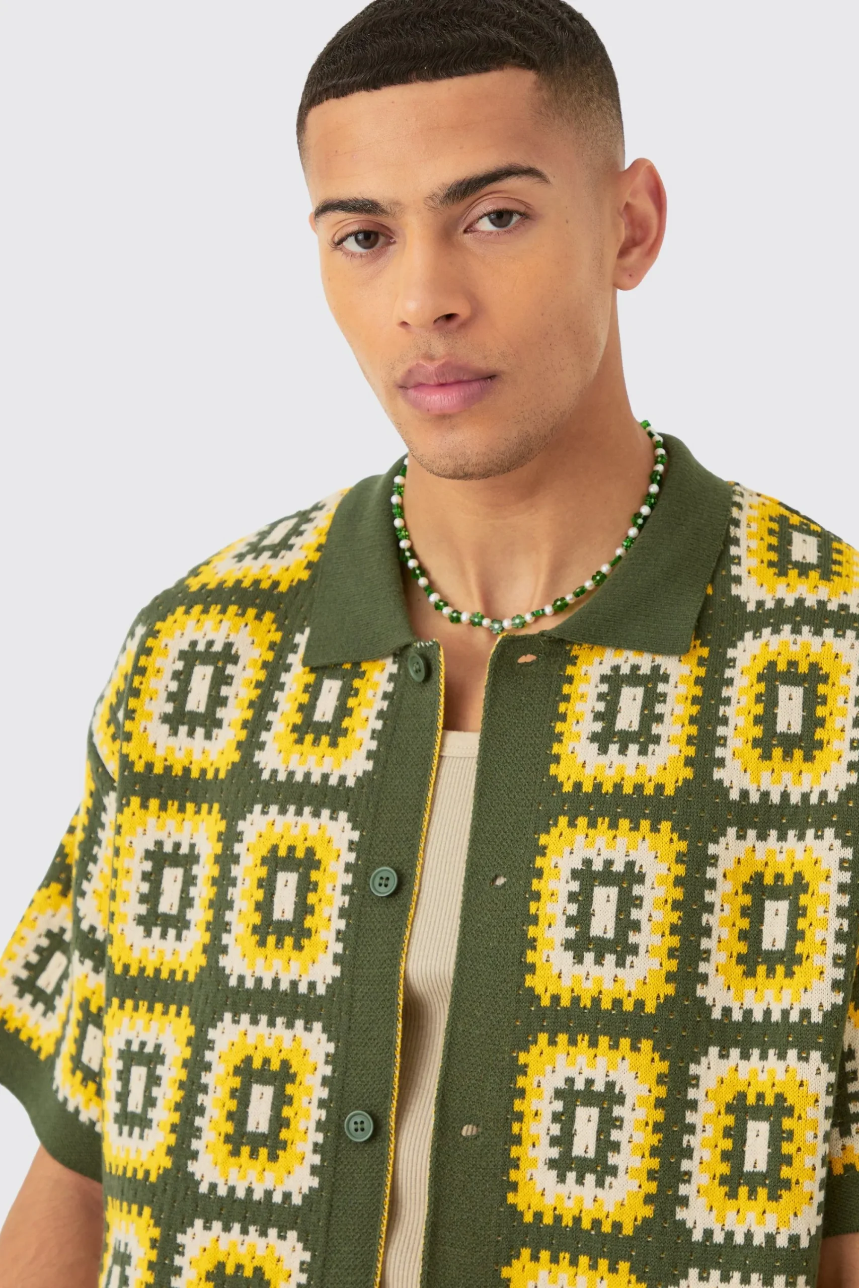 boohooMAN Oversized Boxy Crochet Knit Shirt In | UK| Shirts