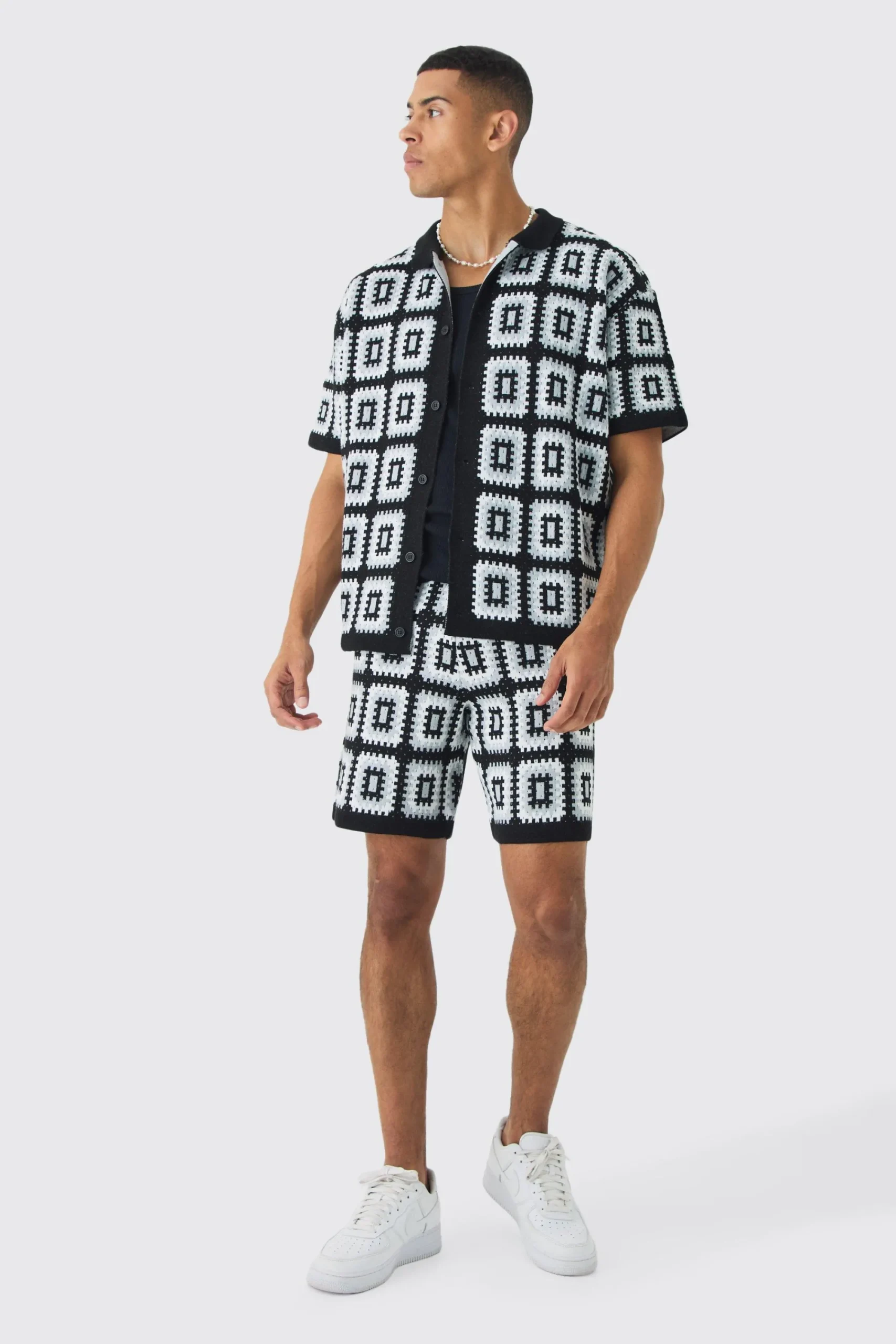 boohooMAN Oversized Boxy Crochet Knit Shirt And Short Set | UK| Shirts|Sets & Co-Ords