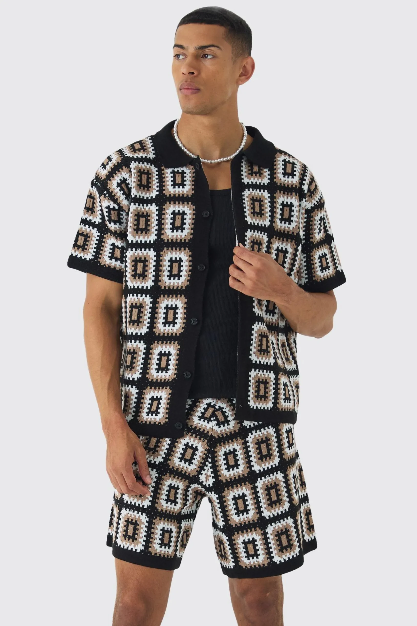 boohooMAN Oversized Boxy Crochet Knit Shirt And Short Set | UK| Sets & Co-Ords|Tracksuits