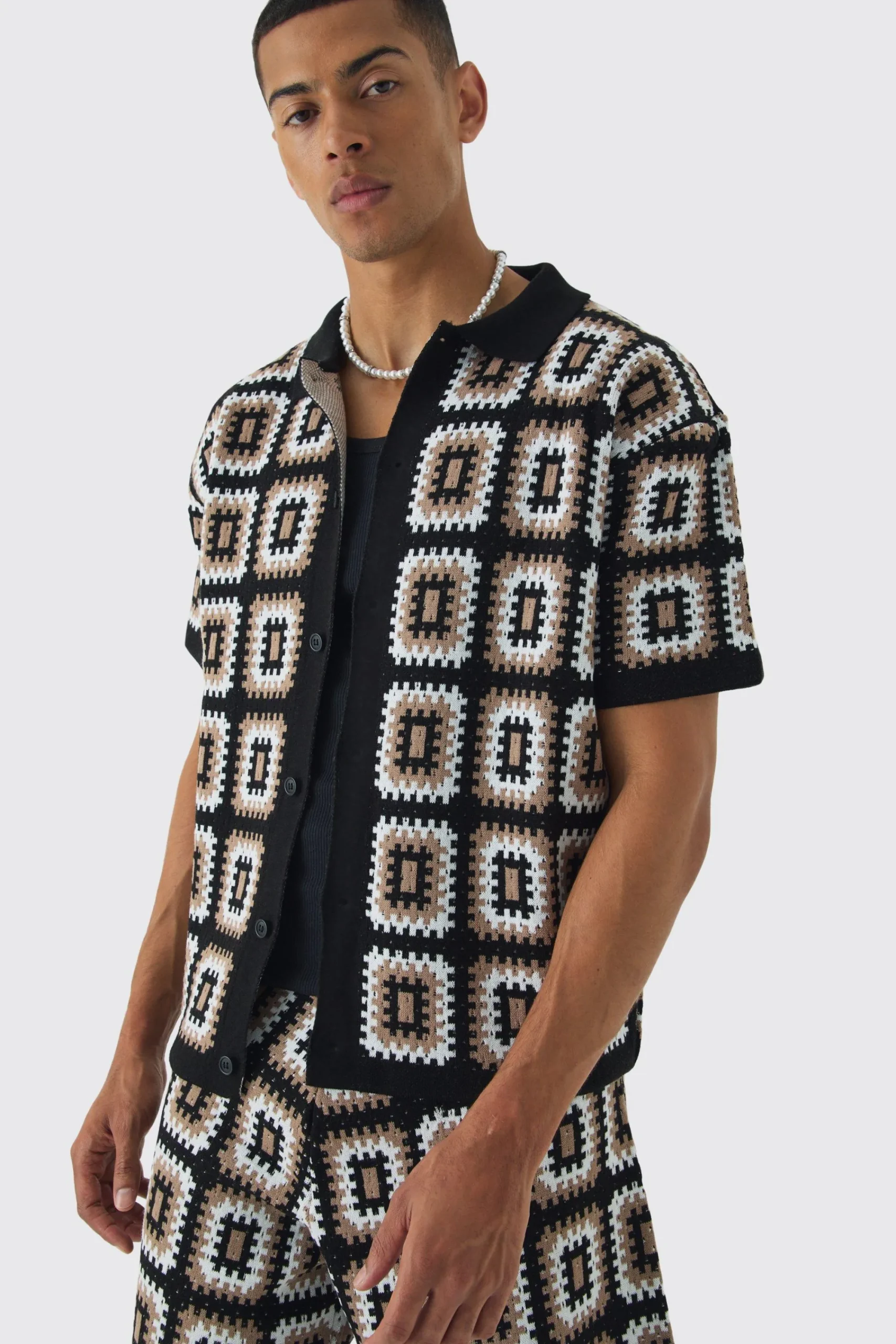 boohooMAN Oversized Boxy Crochet Knit Shirt And Short Set | UK| Sets & Co-Ords|Tracksuits